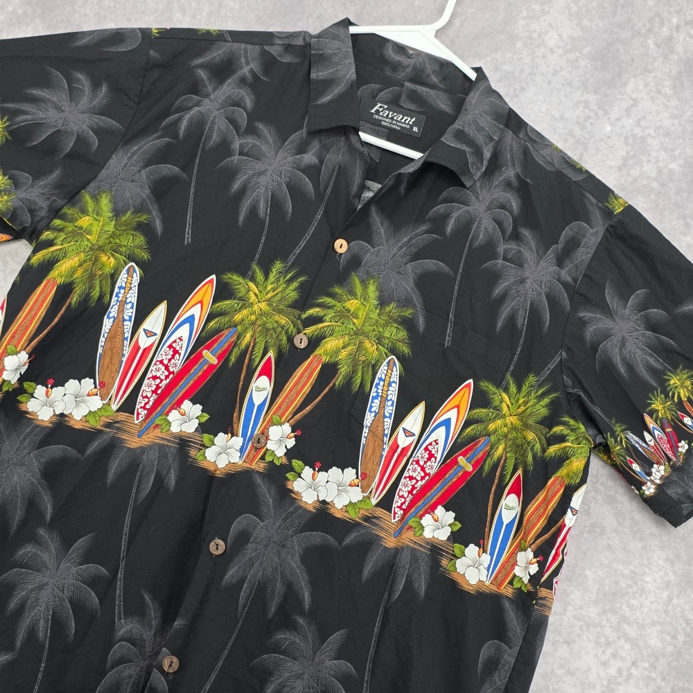 Hawaiian Shirt Favant Mens XL Black Surfboard Palm Tree Cotton Button Down Beach